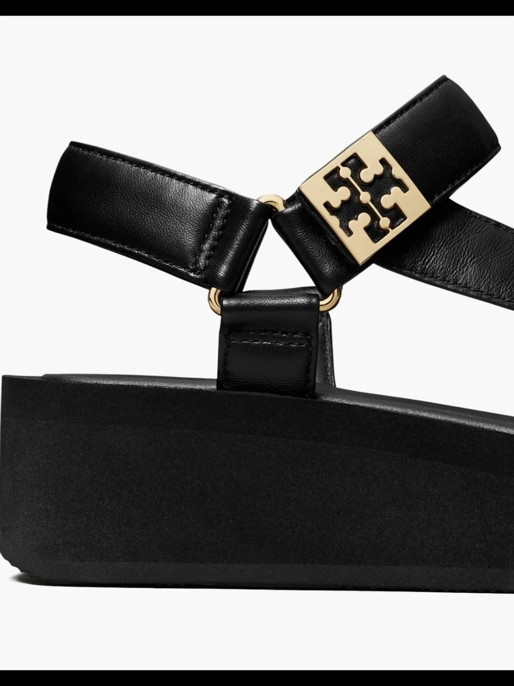 Tory Burch Black Leather Platform Sandals with Gold Logo Accent